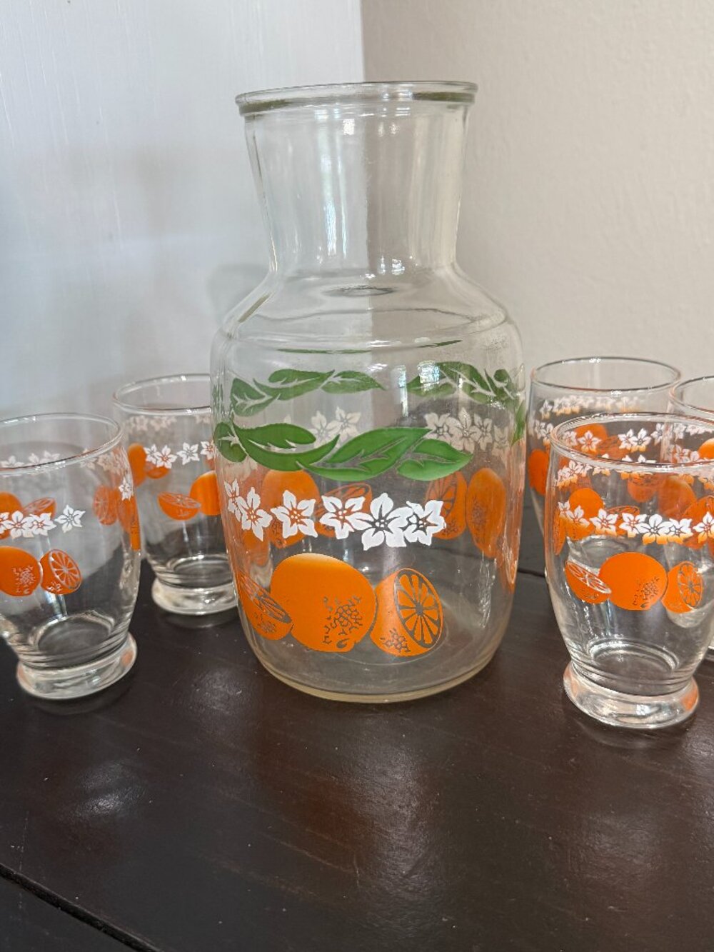 Vintage MCM Anchor Hocking Orange Blossom Juice Carafe And 5 Juice Glasses